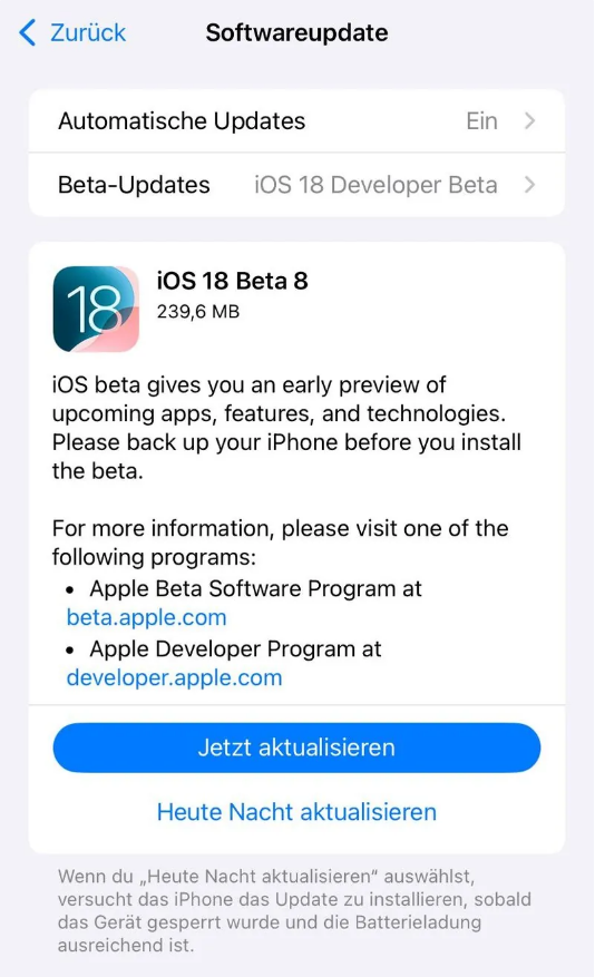 灵武苹果手机维修分享苹果 iOS / iPadOS 18 开发者预览版 Beta 8 发布 